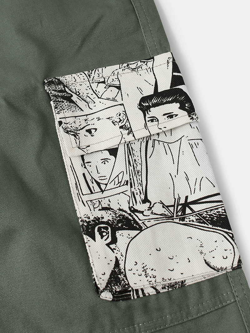 Mens Cartoon Anime Print Cotton Drawstring Beam Feet Cargo Pants with Pocket - MRSLM