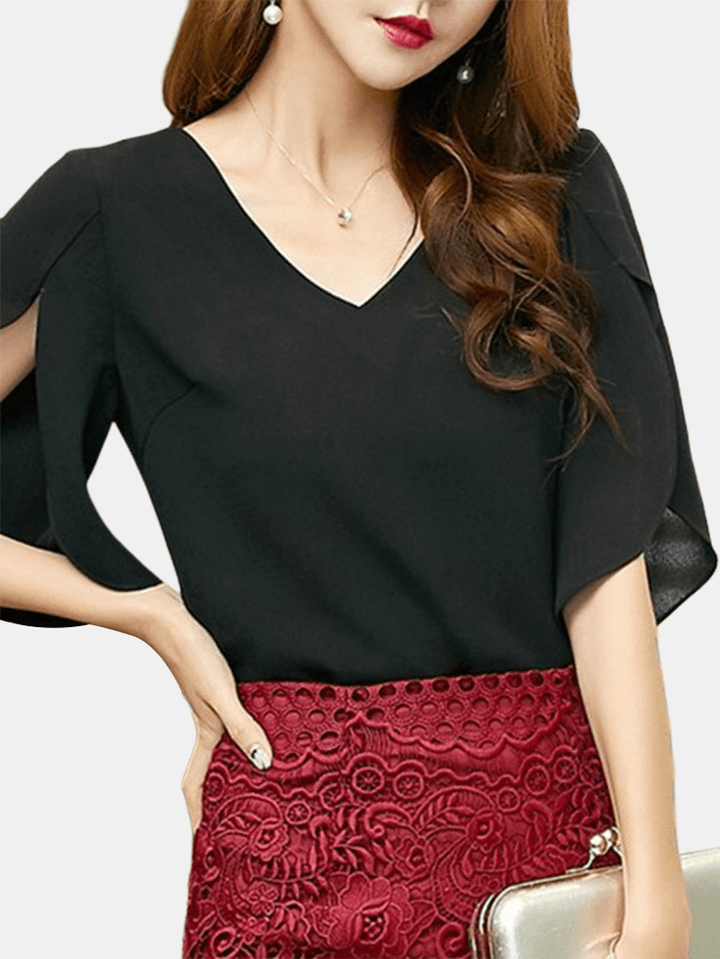 Short Sleeves V-Neck Solid Color Chiffon Casual Blouse for Women - MRSLM