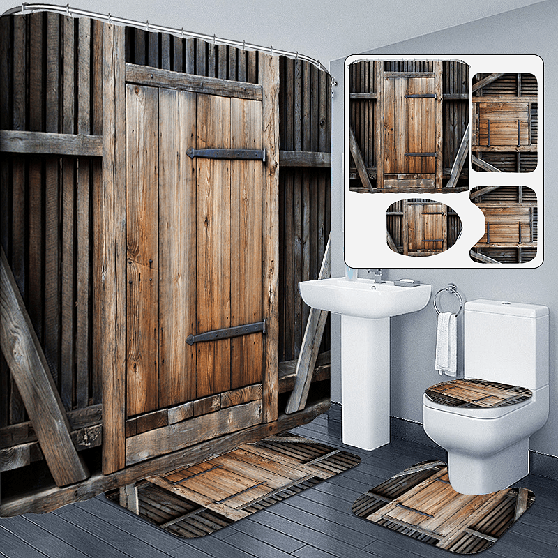 Vintage Wooden Door Waterproof Shower Curtain Toilet Lid Cover Pedestal Rug Non-Slip Bath Mat Set - MRSLM