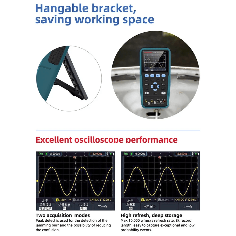 HANMATEK HO52 2 in 1 Digital Oscilloscope + Multimeter 50Mhz Bandwidth Handheld Dual Channel 3.5 Inch LCD Display Oscilloscope Voltage/Current/Resistance/Capacitance/Diode/On-Off Test 4 1/2 True RMS Multimeter - MRSLM