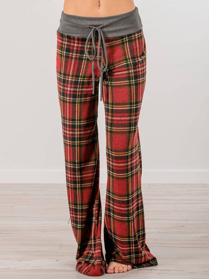 Women Plaid Print Casual Loose High Waist Wide Leg Pants - MRSLM