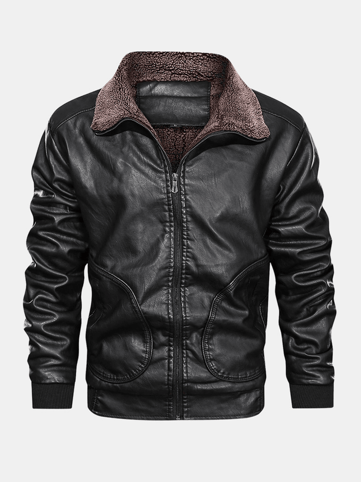 Mens Zip-Up Velvet Lined Stand Collar PU Leather Jackets - MRSLM