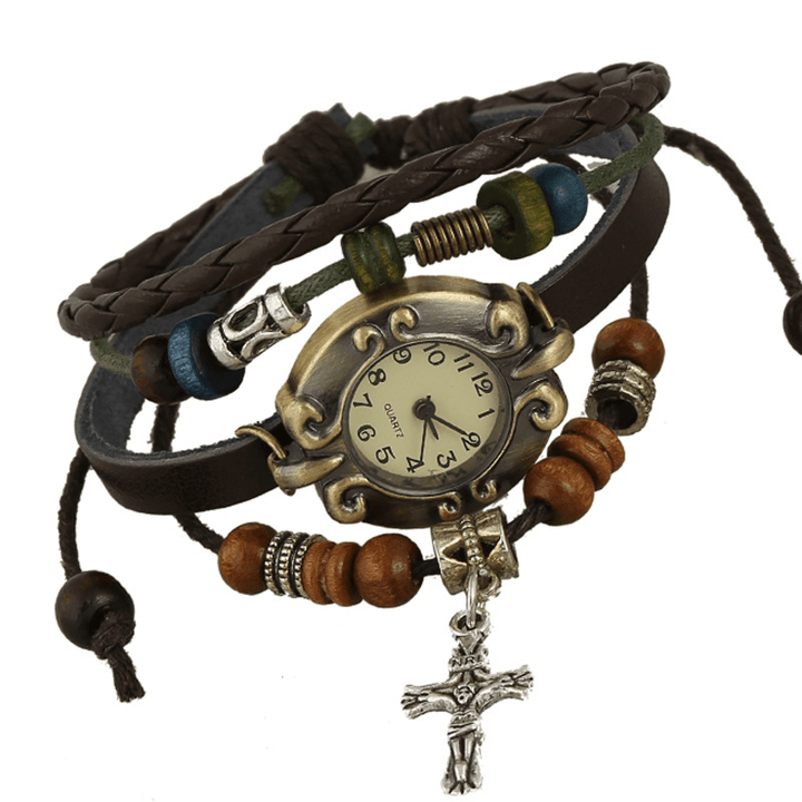 Vintage Cowhide Bracelet Watch Beaded Cross Pendant Leather Lady Bracelet Watch Bracelet - MRSLM