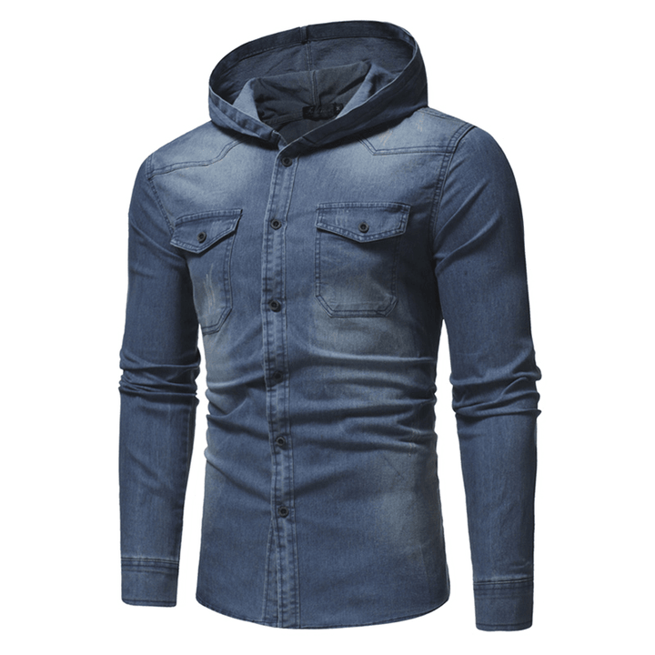 Mens Denim Chest Pocket Cotton Casual Hooded Shirt Jacket - MRSLM