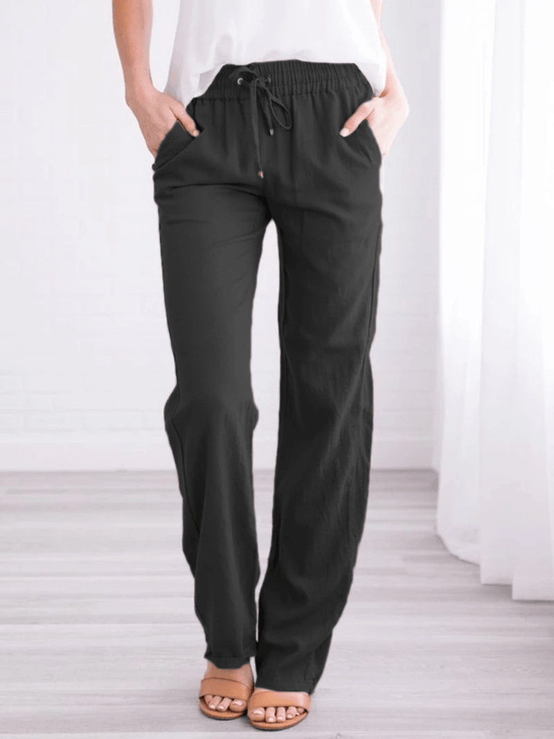 Women Casual Solid Color Elastic Waist Straight Pants - MRSLM