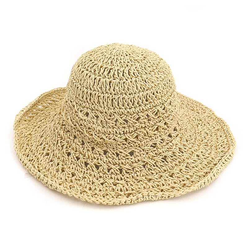 Women Summer Hollow Out Bucket Hat Outdoor Dress Beach Folding Woven Visor - MRSLM