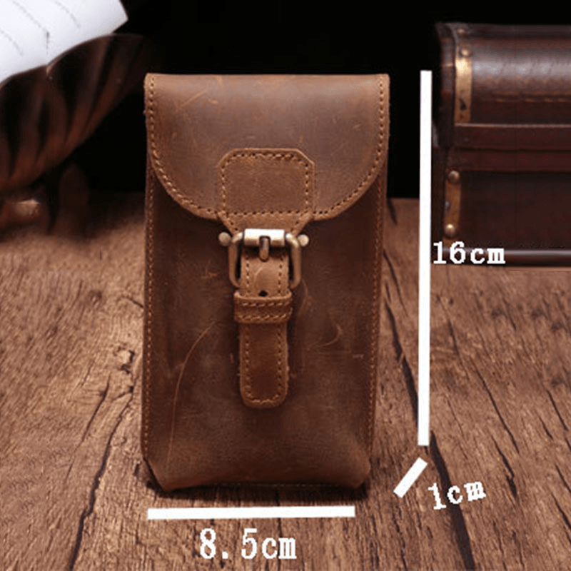 Men Genuine Leather Waterproof Vintage Casual 5.8 Inch Phone Bag Cowhide Waist Bag with Hook - MRSLM