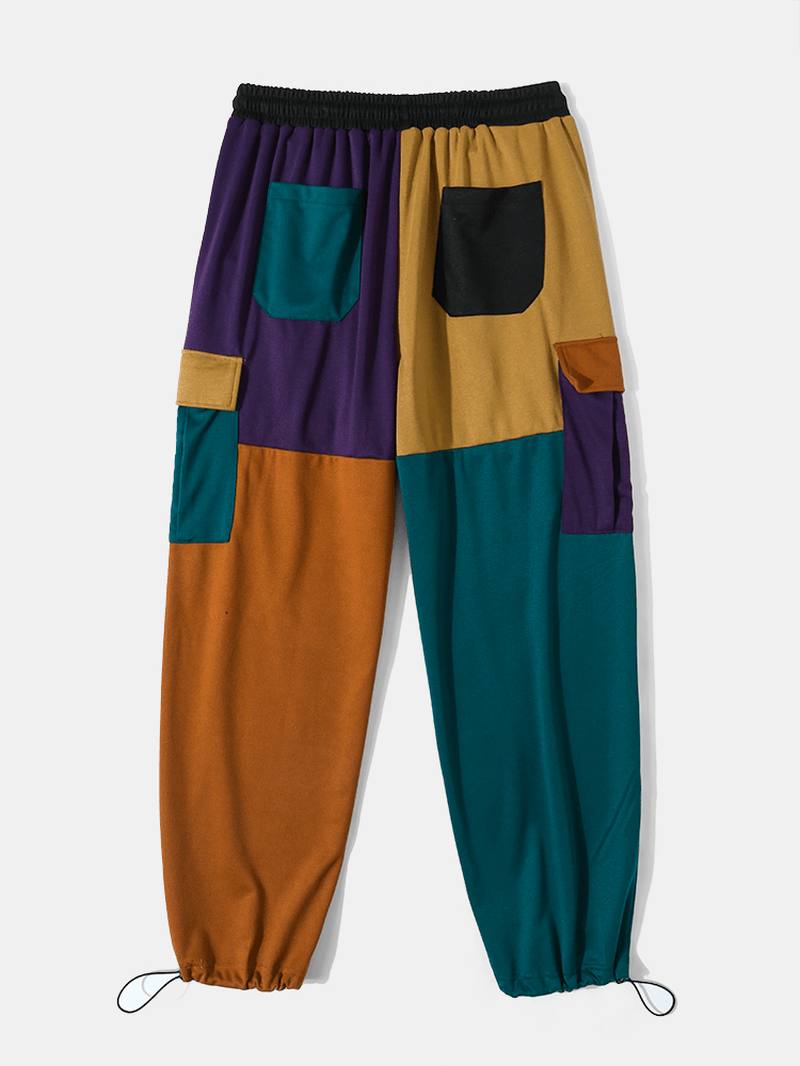 Men Patchwork Color Block Side Pockets Drawstring Street Pants - MRSLM