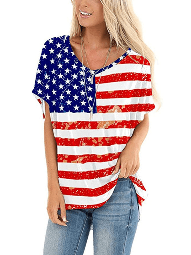 American Flag Star Print Independence Day Crew Neck Women Casual T-Shirts for Women - MRSLM