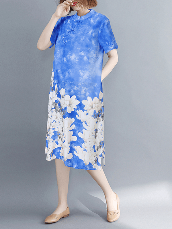 Short Sleeve Spliced Floral Casual Tie-Dyed Dress for Women - MRSLM