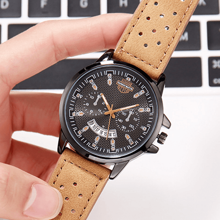 Vintage with Calendar round Dial Breathable PU Leather Band Waterproof Men Quartz Watch - MRSLM