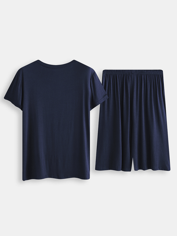 Men Solid Color Short Sleeve Elasticated Waist Pocket Shorts Two Pieces Sleepwear Set - MRSLM