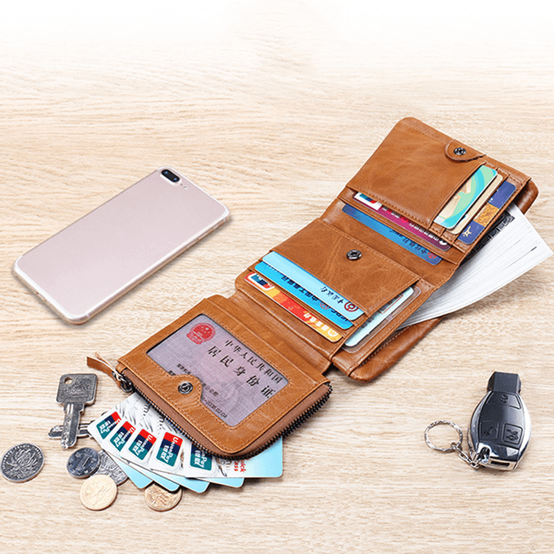 Men Genuine Leather Zipper Pocket 12 Slots Trifold Wallet - MRSLM