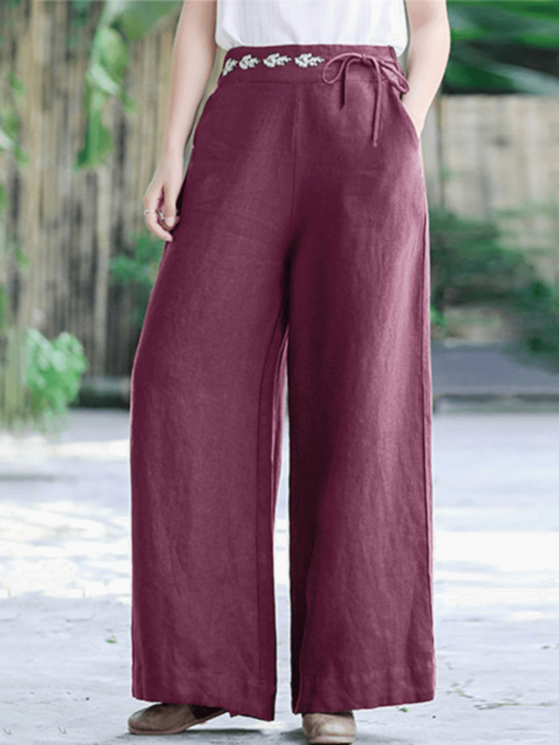 Women Solid Color Lace-Up Vintage Embroidery Wide Leg Pants with Pocket - MRSLM