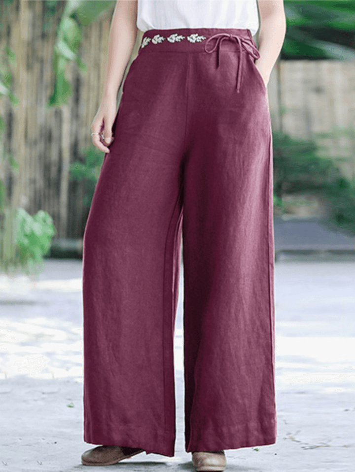 Women Solid Color Lace-Up Vintage Embroidery Wide Leg Pants with Pocket - MRSLM