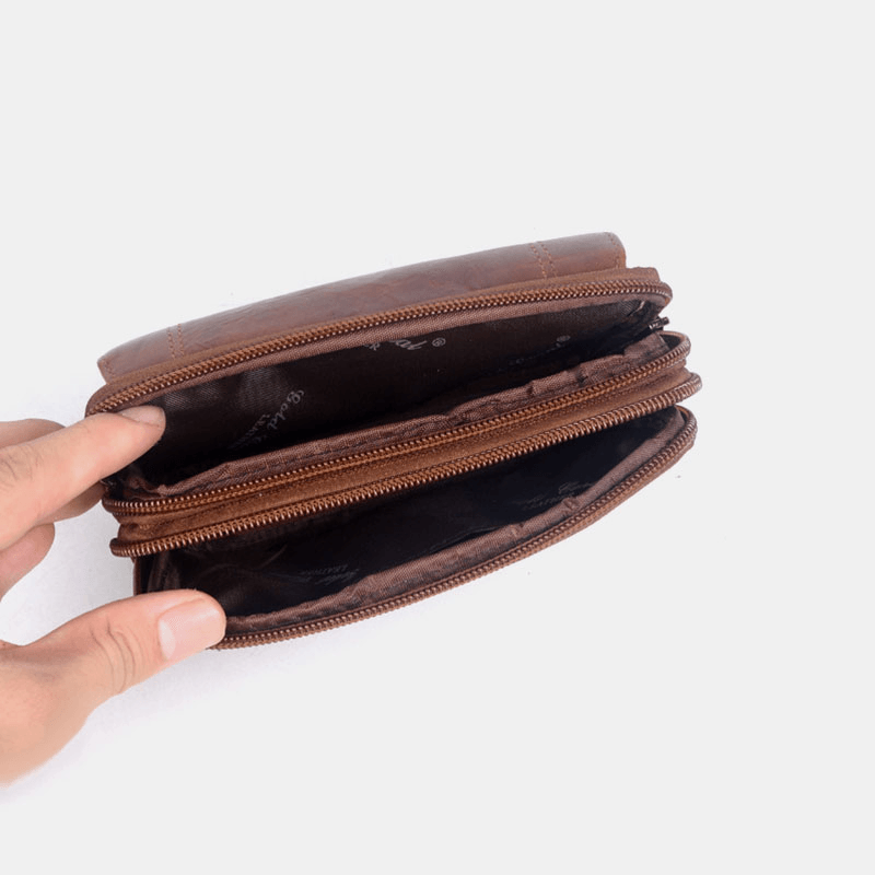 Men Double-Layer Genuine Leather Waist Packs Wear-Resistant Large Capacity Phone Bag - MRSLM