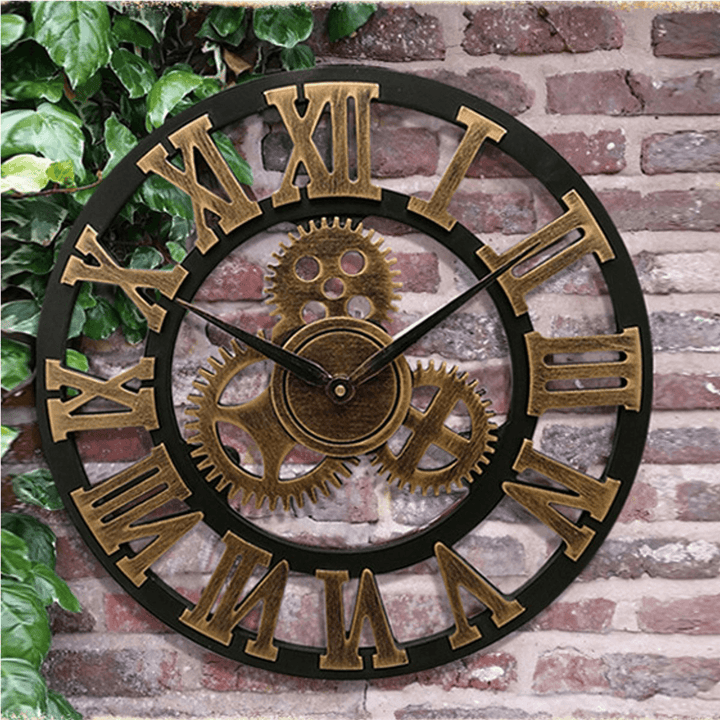 19 Inch Antique Roman Numerals Silent Wall Clock Rustic Wheel Gear Wooden Decor Clock - MRSLM