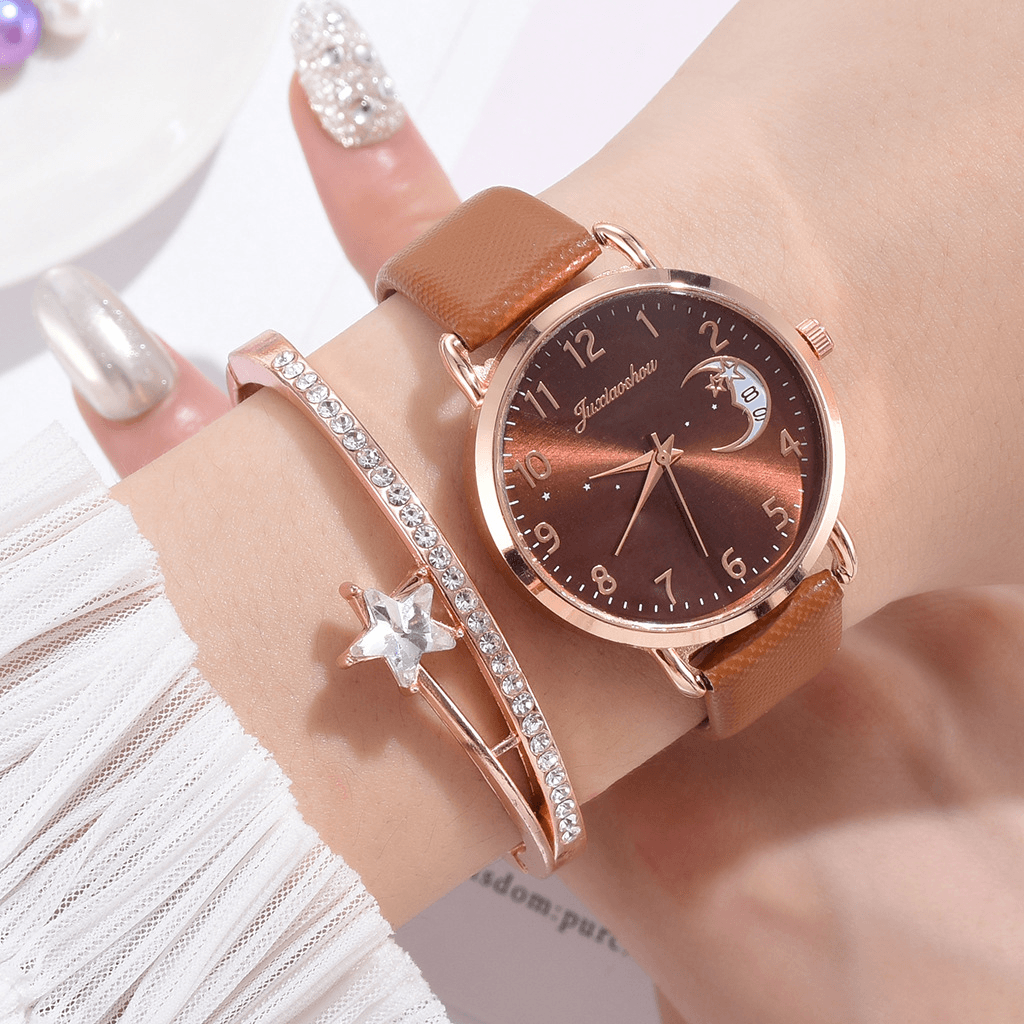XR4379 Elegant Luxury 2Pcs Watch Set Women Bracelet Quartz Watch Moon Starry Dial Leather Strap Ladies Gift - MRSLM