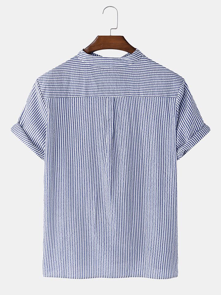 Men Cotton Bubble Pit Striped Chest Pocket Stand Collar Casual Henley Shirts - MRSLM