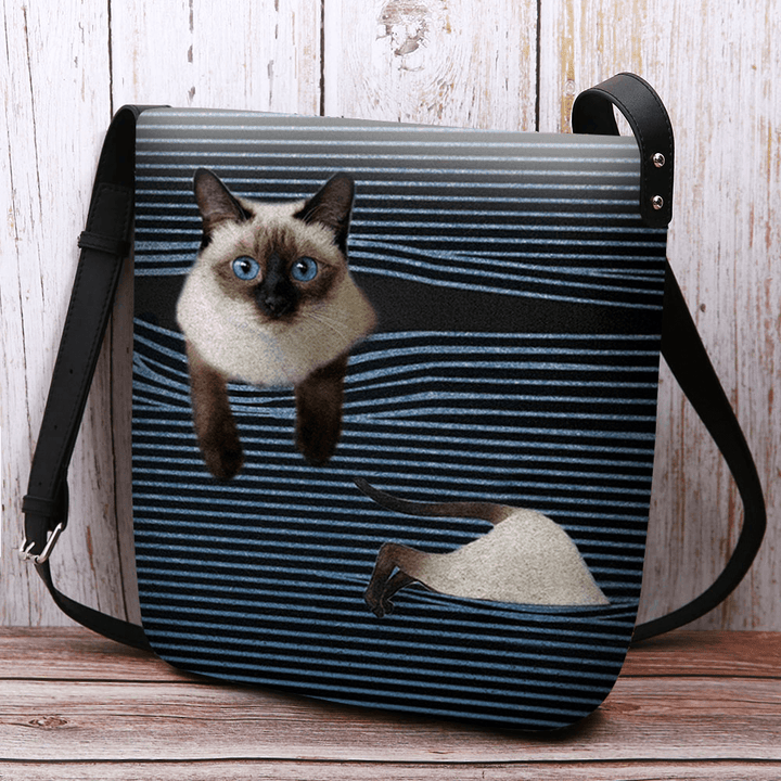 Women Felt Cute Cartoon Cat Stripes Pattern Multi-Carry Crossbody Bag Shoulder Bag - MRSLM