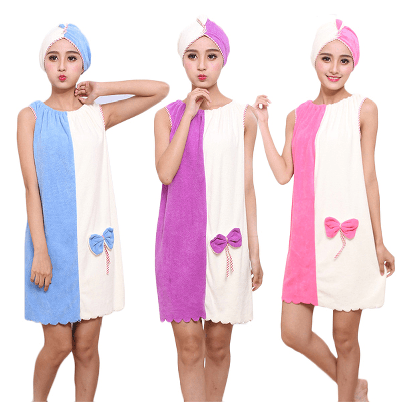 Honana BX-969 Flannel Soft Absorbent Skirts Salon Bathrobe Women SPA Bath Towel with Hair Dry Cap - MRSLM