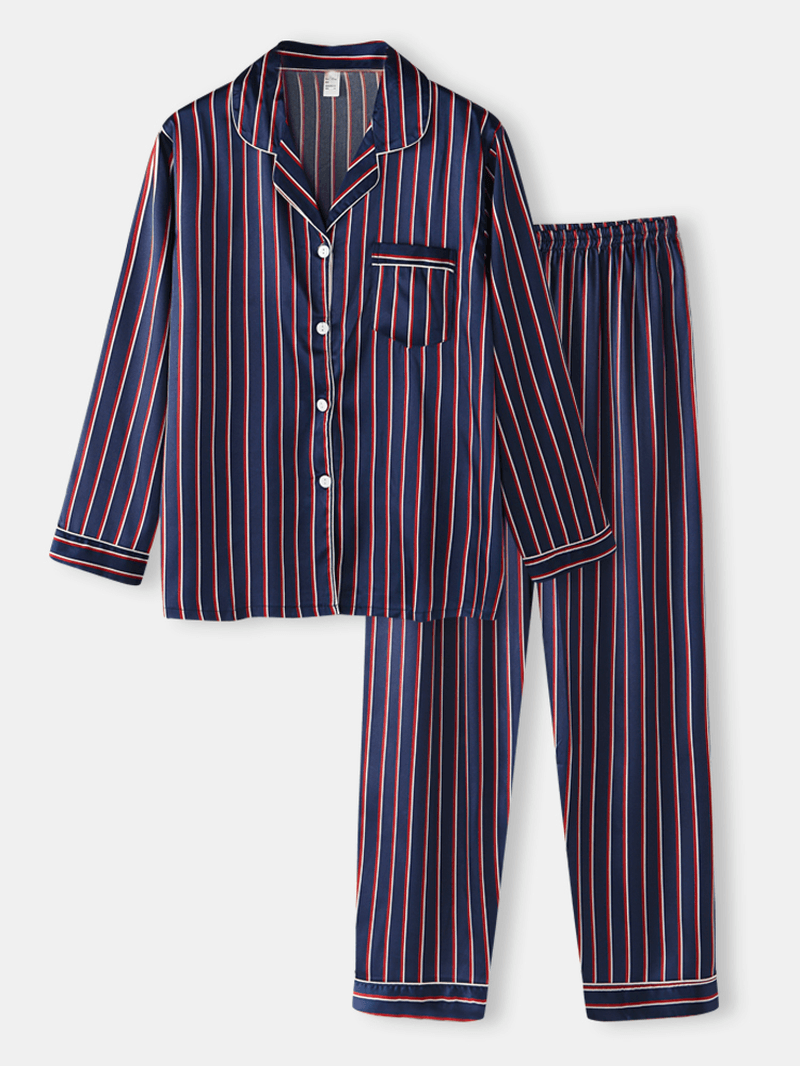 Stripe Camp Collar Pocket Long Sleeve Elastic Waist Faux Silk Home Pajama Sets for Women - MRSLM