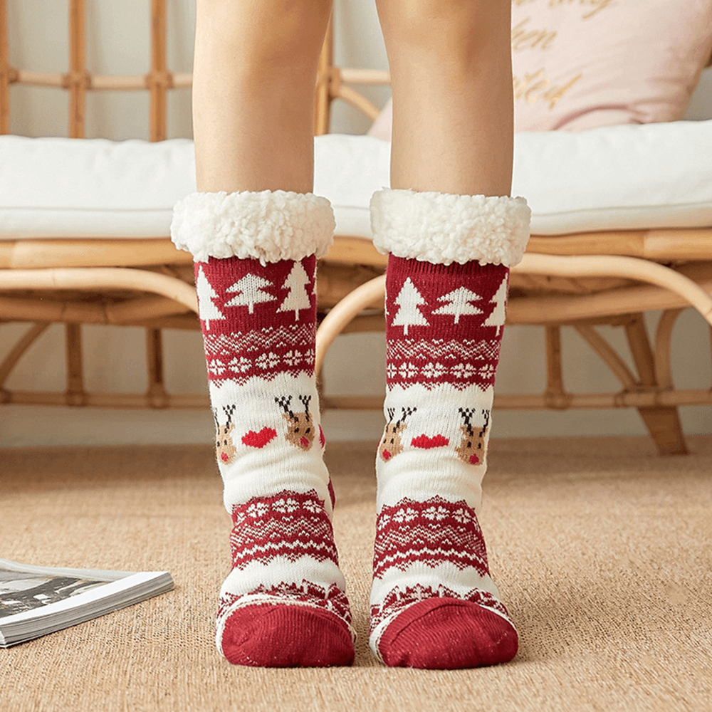 Women Cotton Warm Winter Outdoor Christmas Style Pattern plus Velvet Thicken Home Sleep Socks Tube Socks - MRSLM