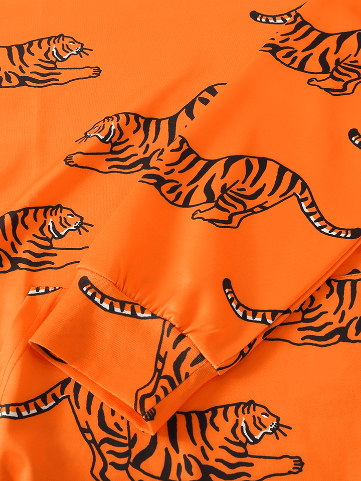 Mens Cartoon Tiger Print Long Sleeve Pocket Orange Drawstring Hoodies - MRSLM