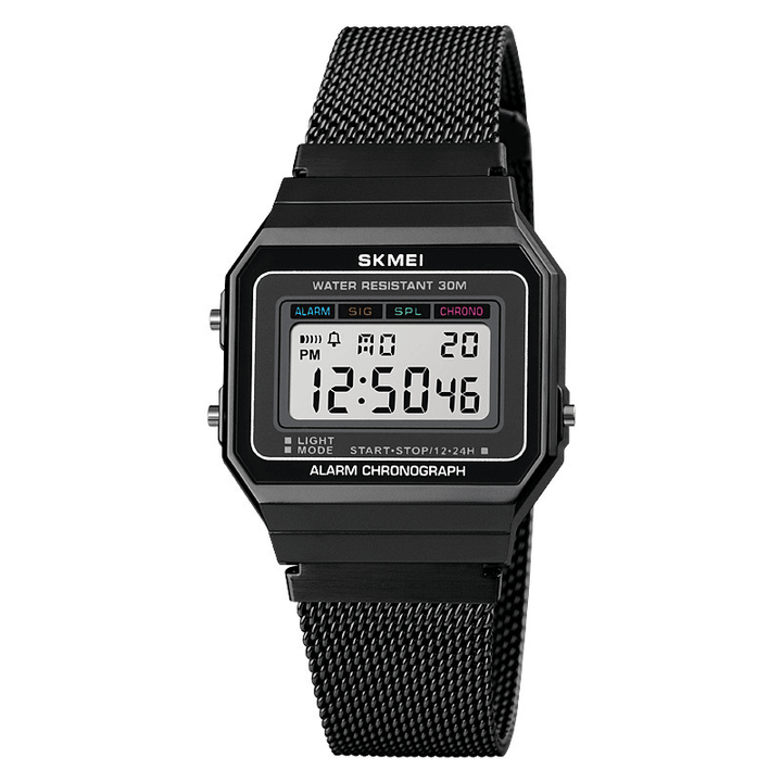 SKMEI 1639 Fashion Men Watch Date Week Display Stopwatch Waterproof LED Light Business Mesh Belt Digital Watch - MRSLM