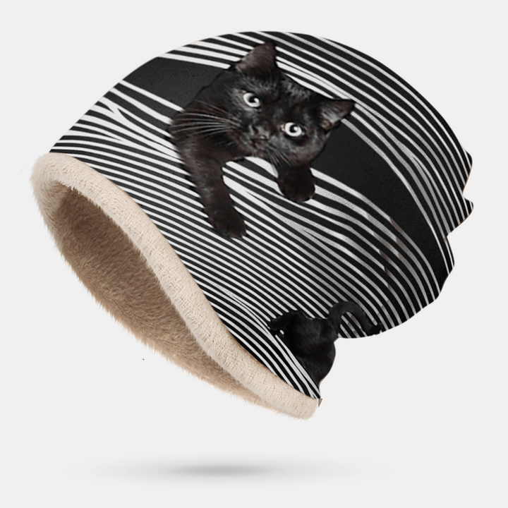 Women plus Velvet Thick 3D Cat Stripes Print Soft Personality Breathable Turban Cap Beanie - MRSLM