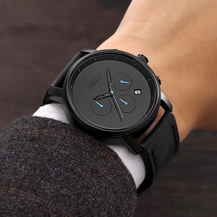 Fashion Leather Stainless Steel Band Simple Dial Date Display Men Quartz Watch - MRSLM