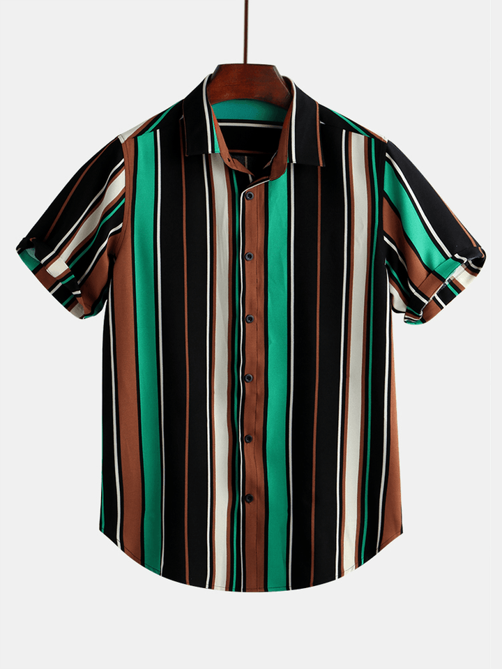 Mens Colorful Stripe Short Sleeve Casual Holiday Shirts - MRSLM
