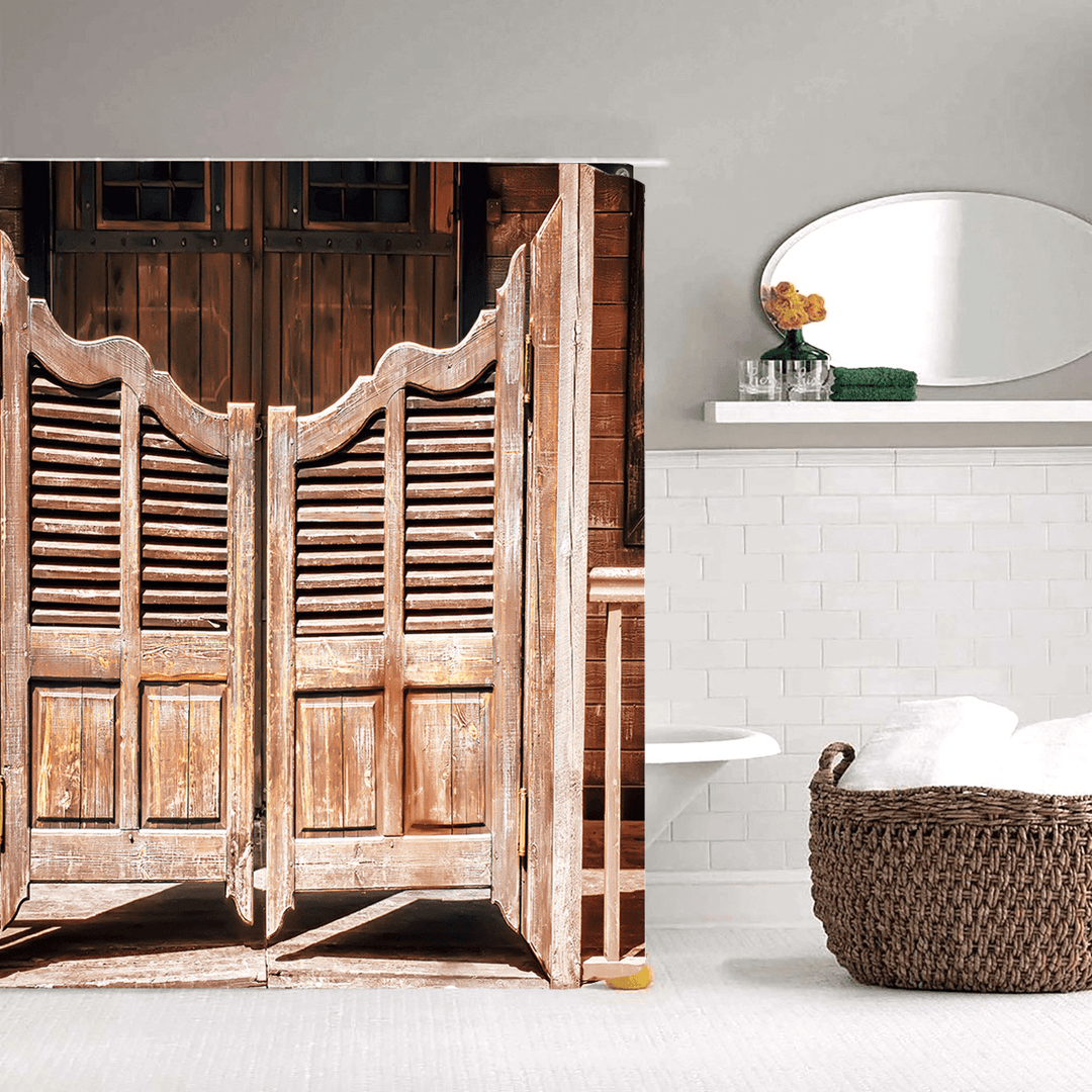 Old Wooden Door Retro Bath Pedestal Rug Lid Toilet Cover Mat Shower Curtain - MRSLM