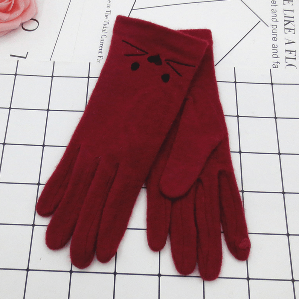 Women Wool Screen-Touchable Embroidery Cartoon Cat Pattern Keep Warm Fashion Casual Gloves - MRSLM