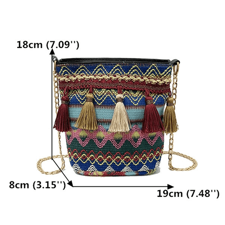 Women Weaving Tassel National Crossbody Bag Chic Bucket Bag - MRSLM