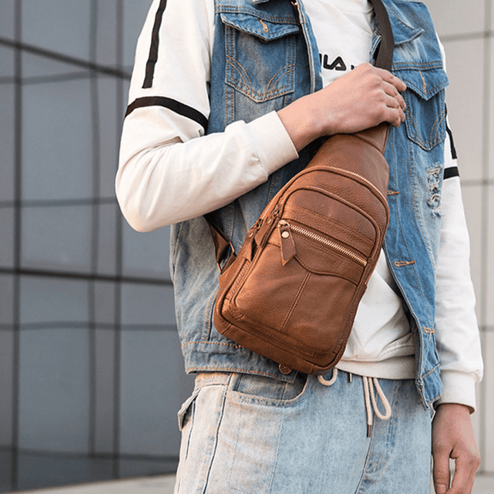 Men Genuine Leather Multi-Layers Waterproof Casual Crossbody Bag Chest Bag Sling Bag - MRSLM