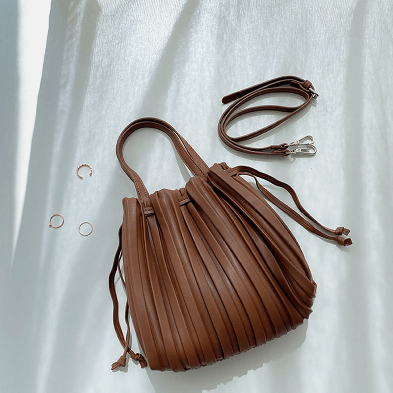 Women PU Leather Drawstring Stripe Crossbody Bag Shoulder Bag Handbag Ruched Bag - MRSLM