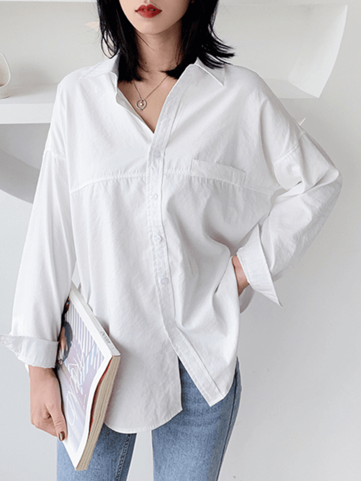 Solid Color Lapel Long Sleeve Plain Daily Casual Shirts for Women - MRSLM