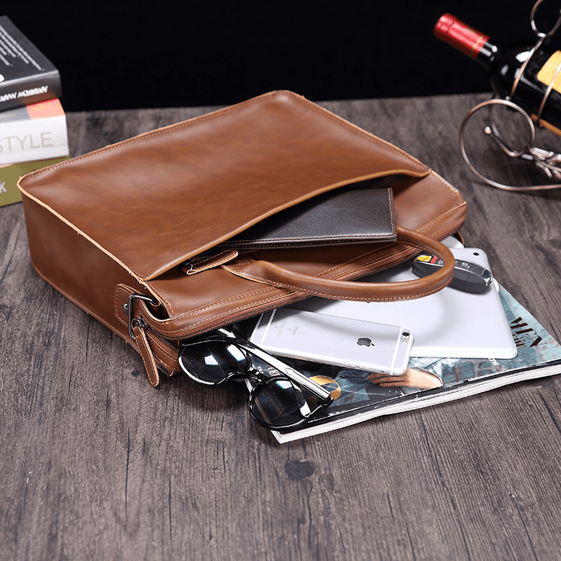 Men Horizontal Multi-Pocket Multi-Compartment Briefcase Vintage PU Leather 14 Inch Laptop Bag Crossbody Bag Shoulder Bag Handbag - MRSLM