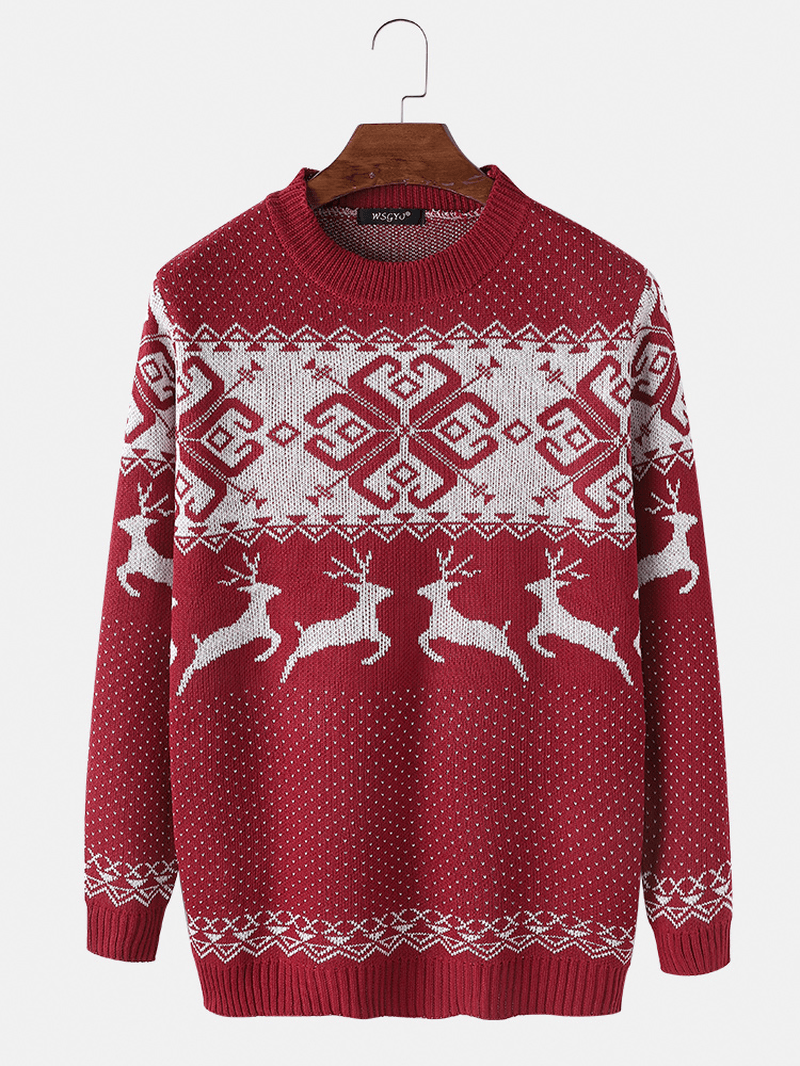 Mens Christmas Style Elk Graphics round Neck Long Sleeve Warm Knitted Sweaters - MRSLM
