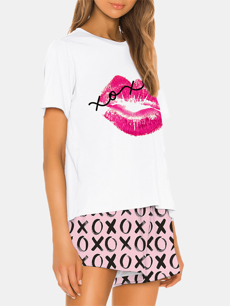 Women Funny Kiss Letter Print Loose Print Loose Breathable Pajama Set - MRSLM