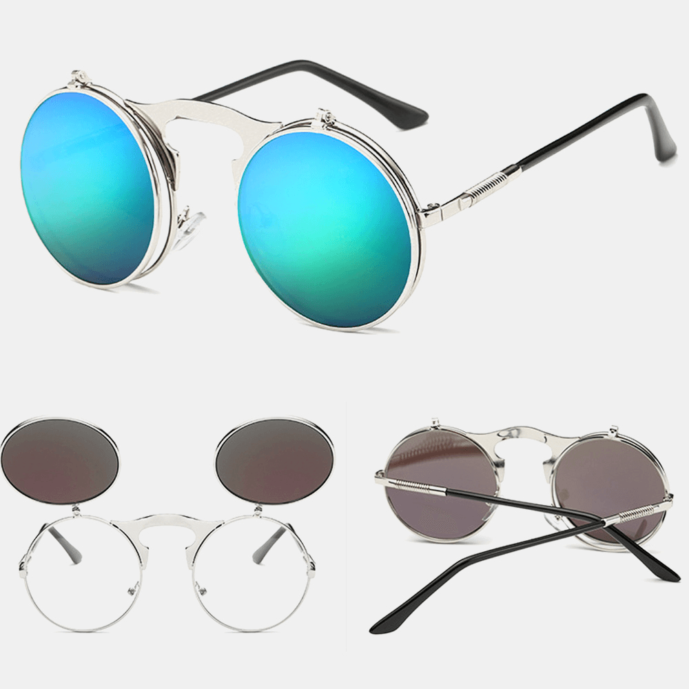Retro Metal Punk Steam Flip Sunglasses Hipster Sunglasses Fashion Style for Men Women - MRSLM
