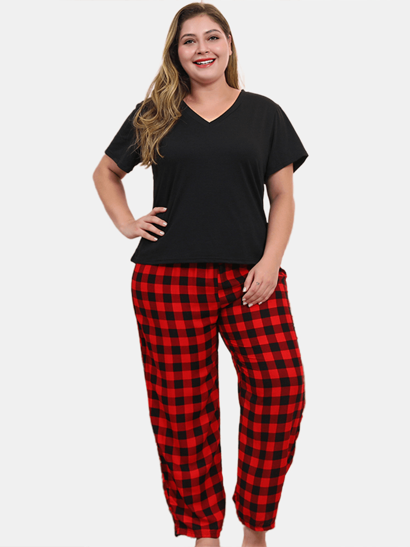 Women plus Size Loungewear Short Sleeve Tops with Striped Pants Casual Pajama Set - MRSLM