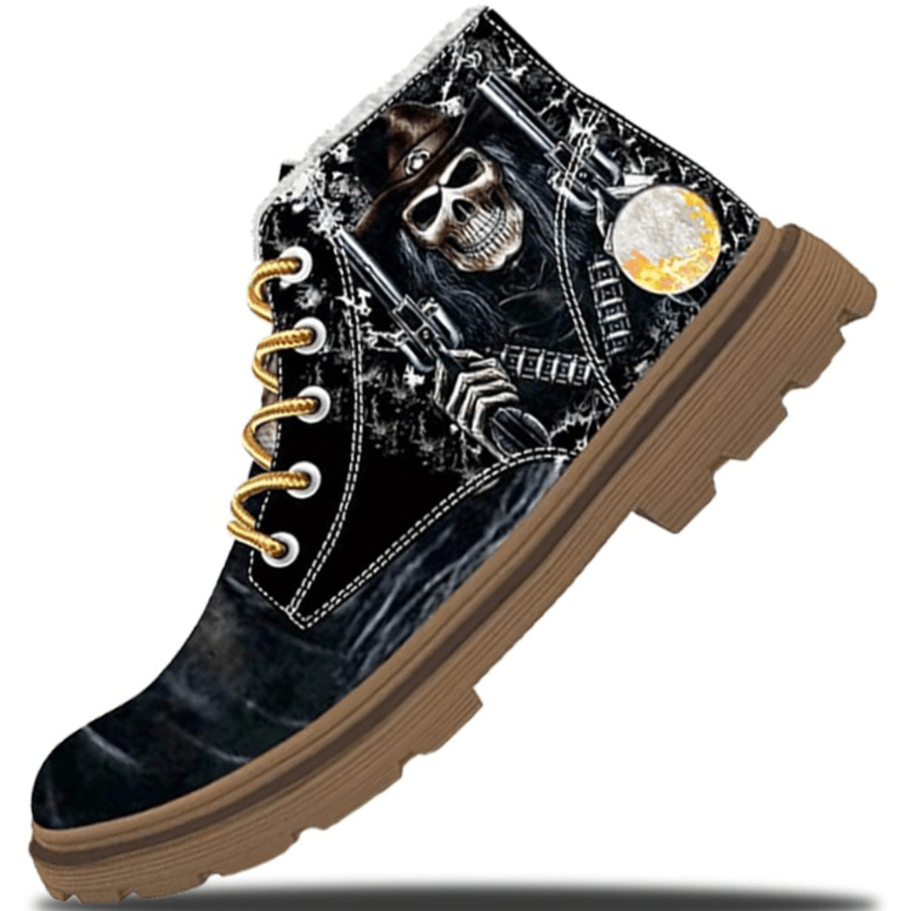 Men Leather Halloween Funny Skull Printing Non Slip Comfy Casual Martin Ankle Boots - MRSLM