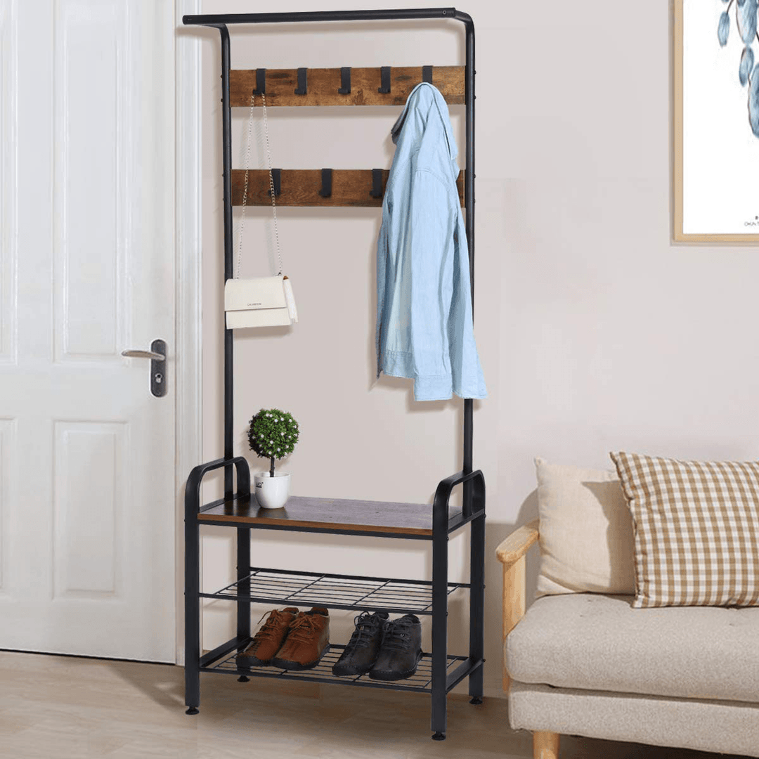 4-In-1 Coat Rack Hall Tree with Shoe Bench for Entryway Easy Assembly All in One Piece Industrial Accent Furniture with Steel Frame - MRSLM