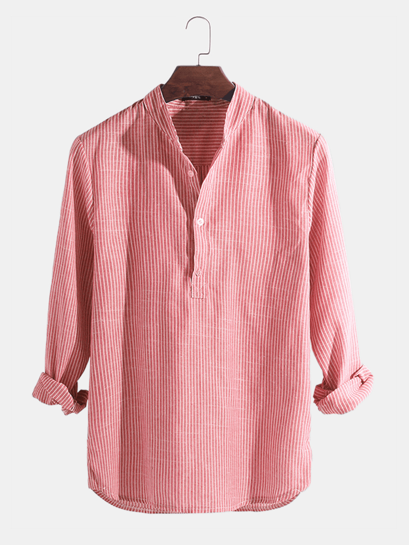 Mens Casual Shirts Dress Shirts Striped Henley Collar V-Neck T-Shirt Button Tops - MRSLM