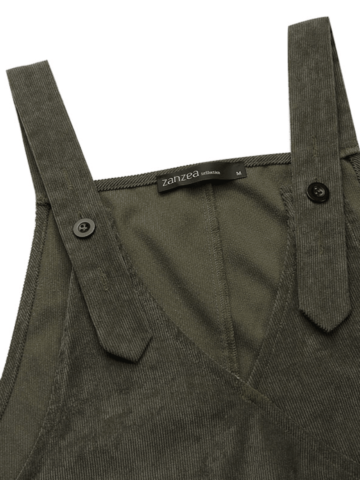 Women Corduroy Adjustable Shoulder Strap V-Neck Solid Side Pocket Casual Midi Dress - MRSLM