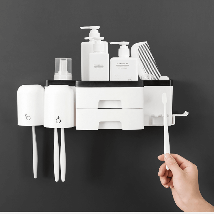Kitchen Shelf Toothbrush Rack Hole-Free Mouthwash Cup Bathroom Wall-Mounted 2 Drawers Toothbrush Receptacle Rack + Toothpaste Extruder - MRSLM