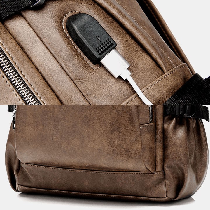 Men PU Leather USB Charging Business Casual Waterproof 14 Inch Laptop Bag Student School Bag Adjustable Backpack - MRSLM