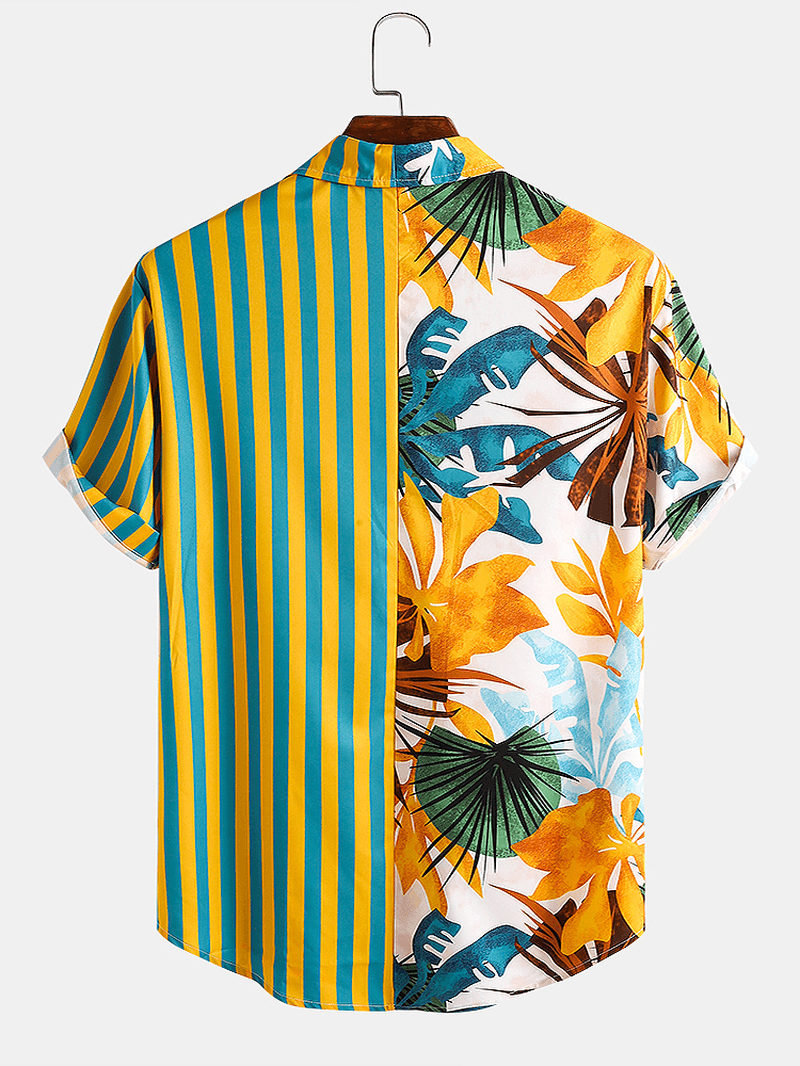 Men Tropical Leaf Colorful Stripe Mixed Print Short Sleeve Casual Holiday Shirts - MRSLM